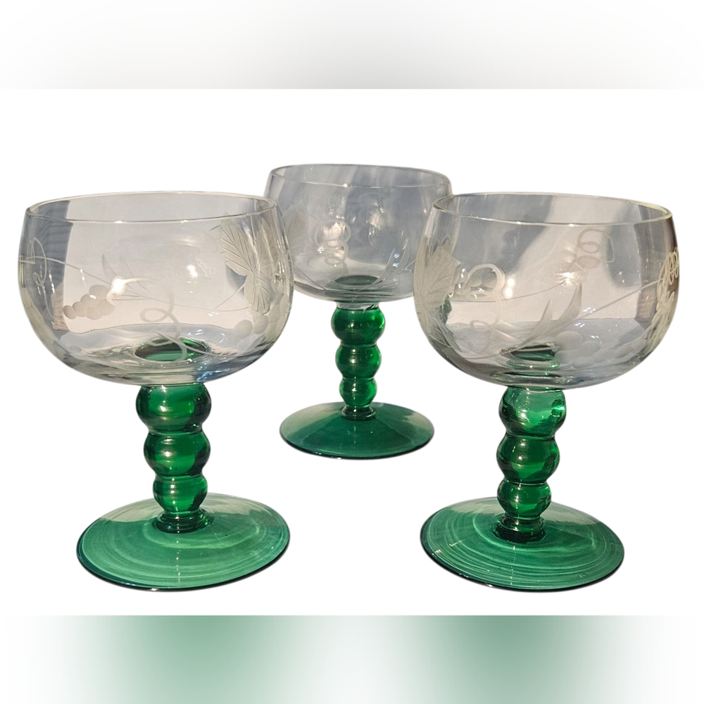3 Vtg German Roemer Wine Cordial Glasses Etched Grape Green Beehive Stem